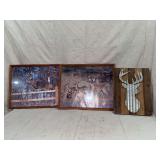 Two Framed Deer Photographs and One Wooden and Corrugated Metal Deer Wall Plaque