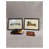 Automotive Themed Framed Prints, Diecast Model Car, and Hardee's 880 Wooden Plaque