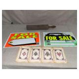 Wooden Rolling Pin, Two For Sale Signs, and Playing Card Print Panel
