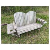 Wooden Slat Double Glider Bench with Side Tables