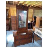 Oak Wood Dresser with Attached Framed Mirror and Carved Crest