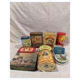 Group of 10 Decorative Metal Storage Tins with Various Brand Graphics