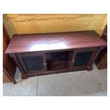Dark Wood Media Console Cabinet with Glass Doors and Shelves