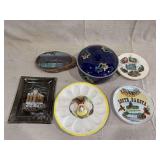 Ceramic Casserole Dish, Souvenir Plates, Metal Tray, and Wooden Wall Plaque