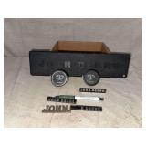 John Deere Tractor Parts Group Including Ammeters, Emblems, and Sign