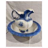 Ceramic Wash Pitcher and Basin Set with Blue Transferware Floral Motifs