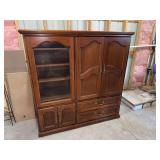 Oak Entertainment Center and Display Cabinet with Glass Door and Storage Drawers
