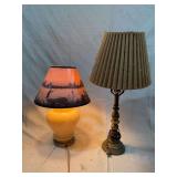 Two Lamps Including Amber Glass Table Lamp with Fishing Scene Shade and Metal Table Lamp with Pleated Shade