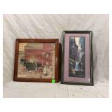 Two Framed Prints Featuring Model T Farm Scene and Waterfall Landscape