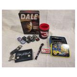 Dale Earnhardt Memorabilia Lot Including Diecast Cars, Wallet, Insulated Can Holder, and Tin Containers