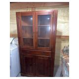 Wooden Corner Cabinet with Glass Doors and Storage Drawer