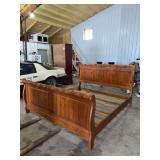 Wood Sleigh Bed Frame with Carved Floral Motifs and Slats