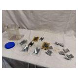 Assorted Cabinet Hinges and Hardware Lot with Plastic Storage Jar