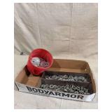 Assorted Metal Nuts and Washers in Storage Bins and Bucket