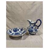 Blue and White Transferware Ceramic Pitcher and Bowl Set