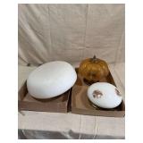 Three Glass Light Fixture Shades Including Amber Crackle Glass and Floral Milk Glass