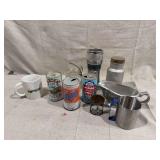 Assorted Metal Cans, Glass Jars, and Drinkware Grouping