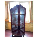 Dark Wood Corner Display Shelf with Mirrored Back