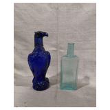 Cobalt Blue Glass Eagle Figural Bottle and Aqua Glass Paneled Bottle