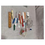 Group of Advertising Items, Pocket Knives, Emblems, and Desk Accessories