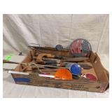 Assorted Box of Hand Tools, Garden Shears, and Reflective Markers