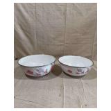 Two Enameled Metal Bowls with Rose Floral Pattern
