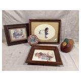 Group of Four Wildlife and Outdoors Framed Prints and Wooden Decoy