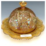 US Glass Honey Amber Cosmos & Cane Butter Dish