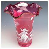 Fenton Cranberry Mary Gregory Ruffled Vase