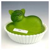 Westmoreland Milkglass & Satin Green Cat Dish