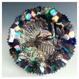 Blue Peacock on the Fence Ruffled Bowl