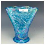 Fenton Sapphire Peacock Garden Fan Vase