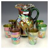 Fenton Green Enameled Columbine Water Set