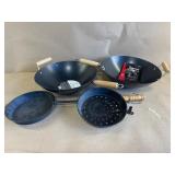 2 Woks & Long Handled Pan