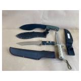 Sheathed Kukri & 2 Sheathed Hunting Knives
